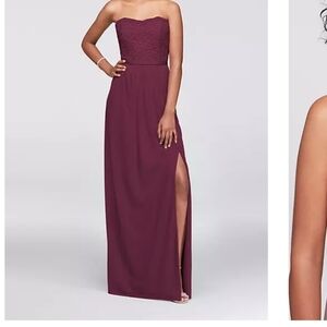 David's Bridal Lace and Mesh Long Strapless Dress Wine